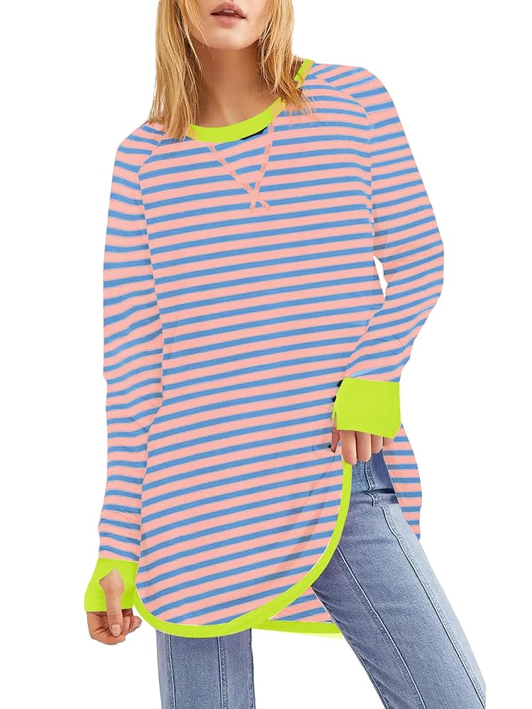 トップス STRIPED WOOL OVERSIZED LONG SLEEVE TEE M GA WEIHUA Oversized Striped Color Block Tops for Womens